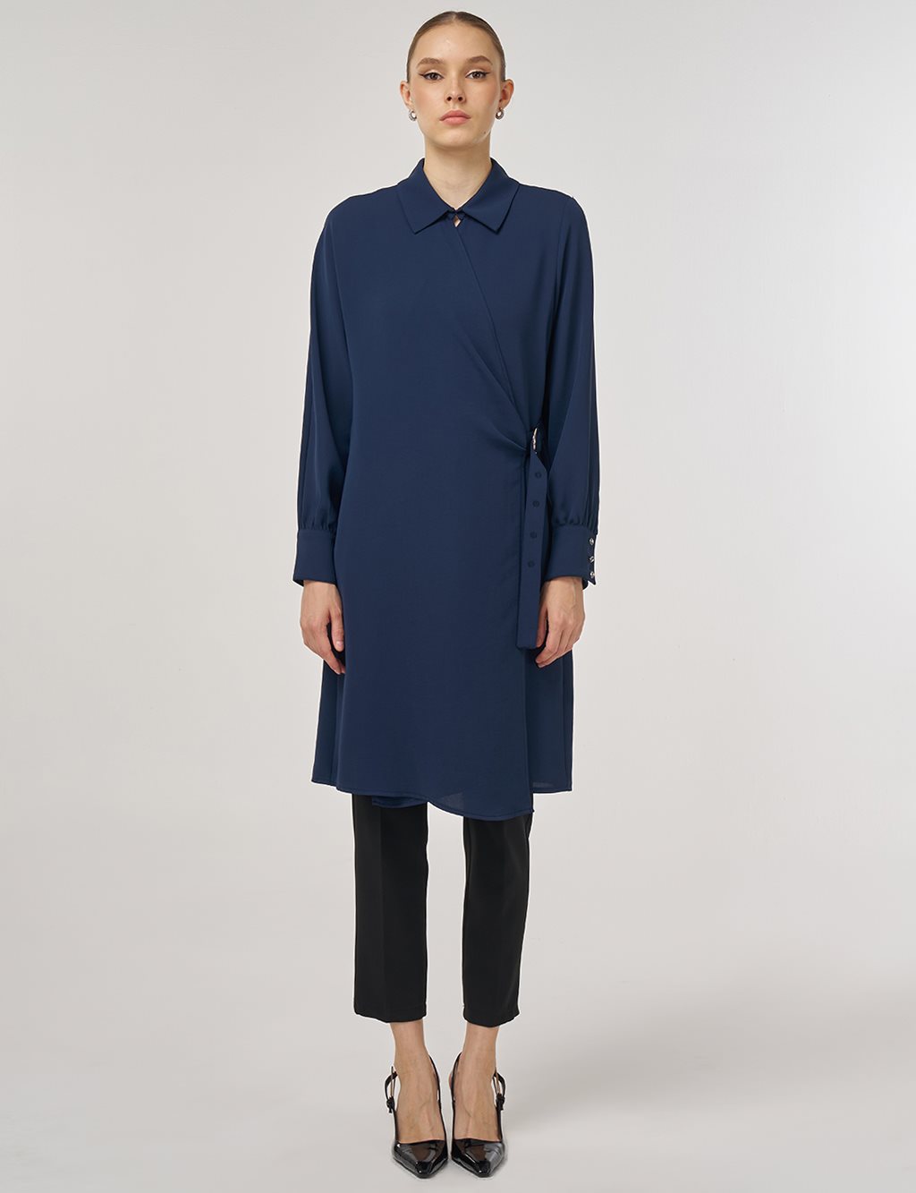 Metal-Buckle Long Tunic Dark Navy