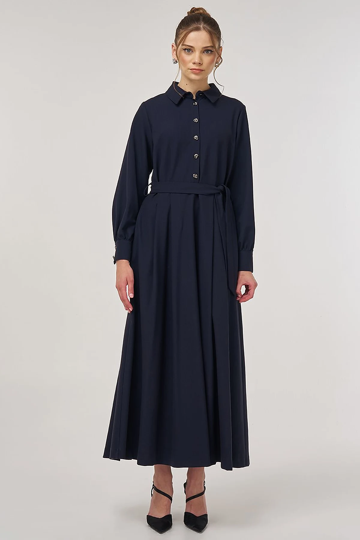 Button Detail Viscose Dress Dark Navy 