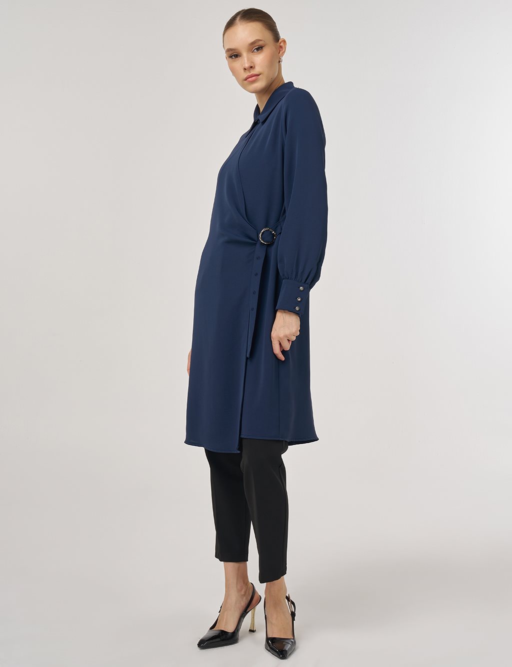 Metal-Buckle Long Tunic Dark Navy