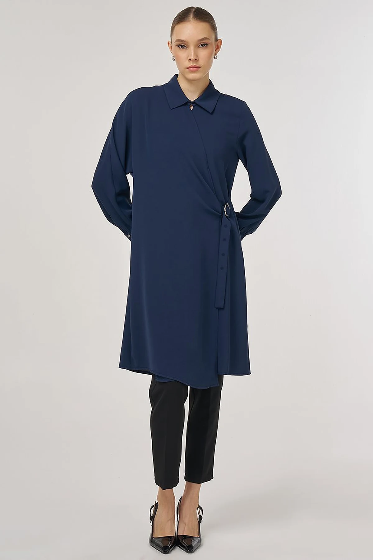 Metal-Buckle Long Tunic Dark Navy