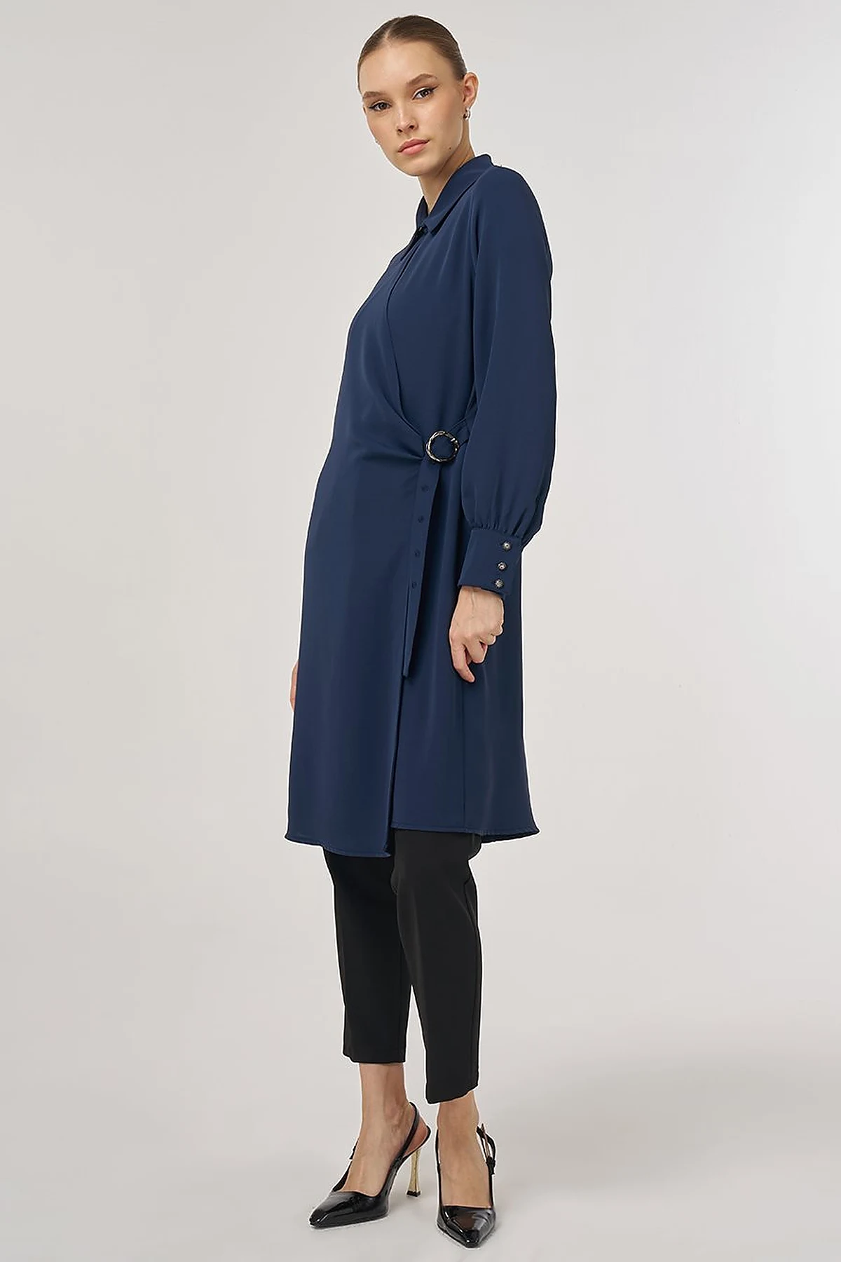 Metal-Buckle Long Tunic Dark Navy