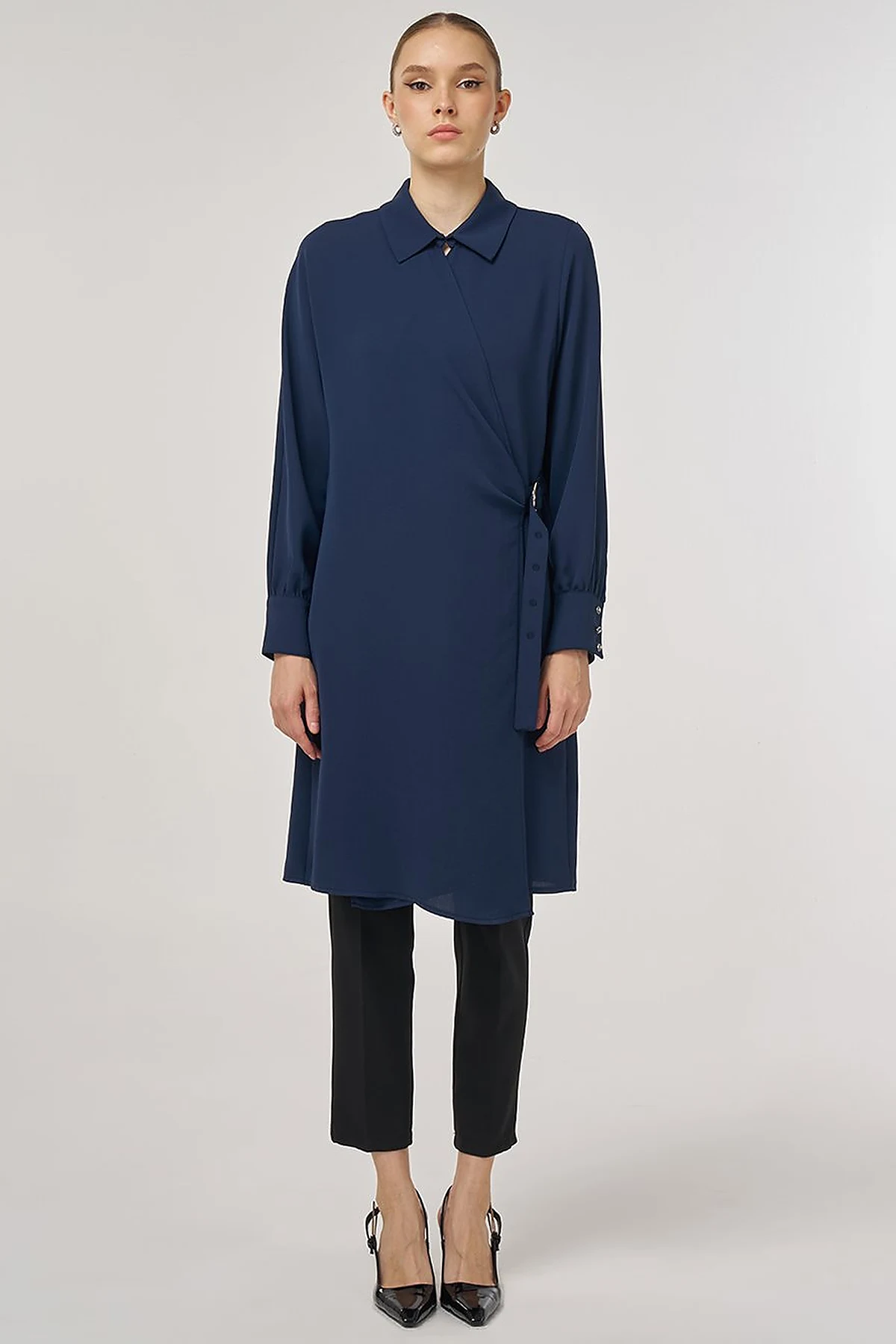 Metal-Buckle Long Tunic Dark Navy