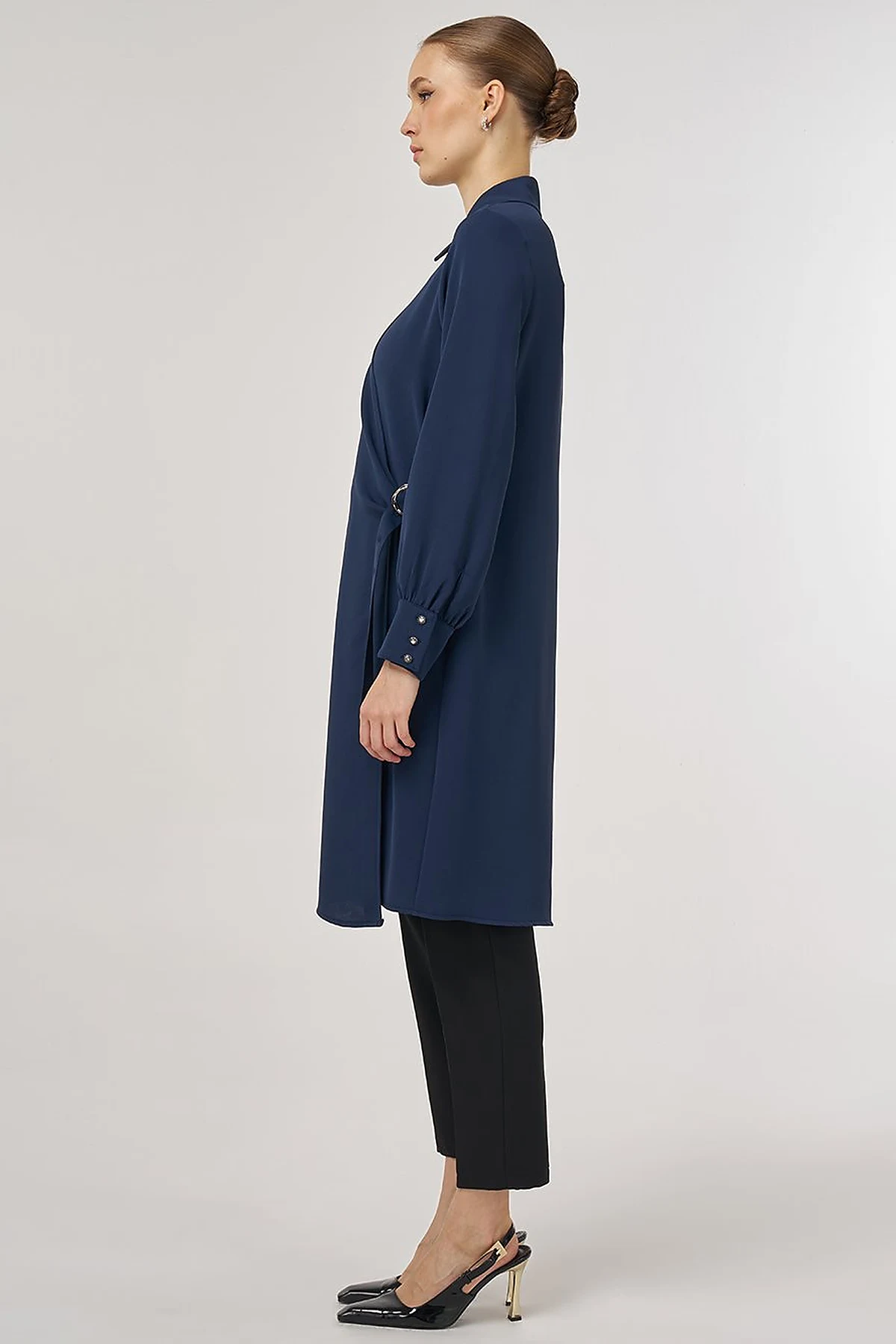 Metal-Buckle Long Tunic Dark Navy