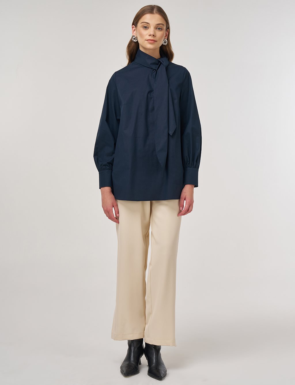 Collar-Detail Cotton Tunic Dark Navy 