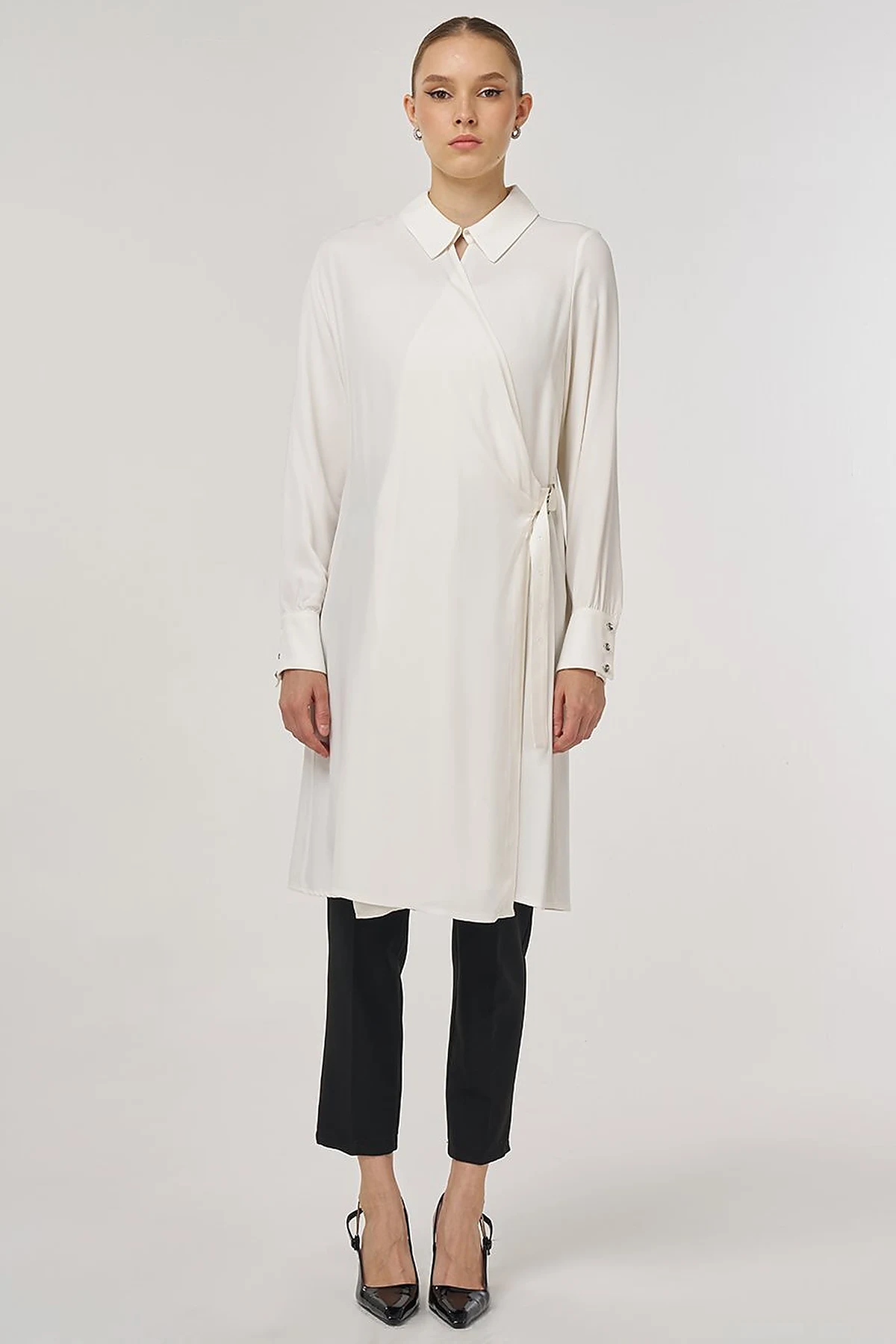 Metal-Buckle Long Tunic Ecru