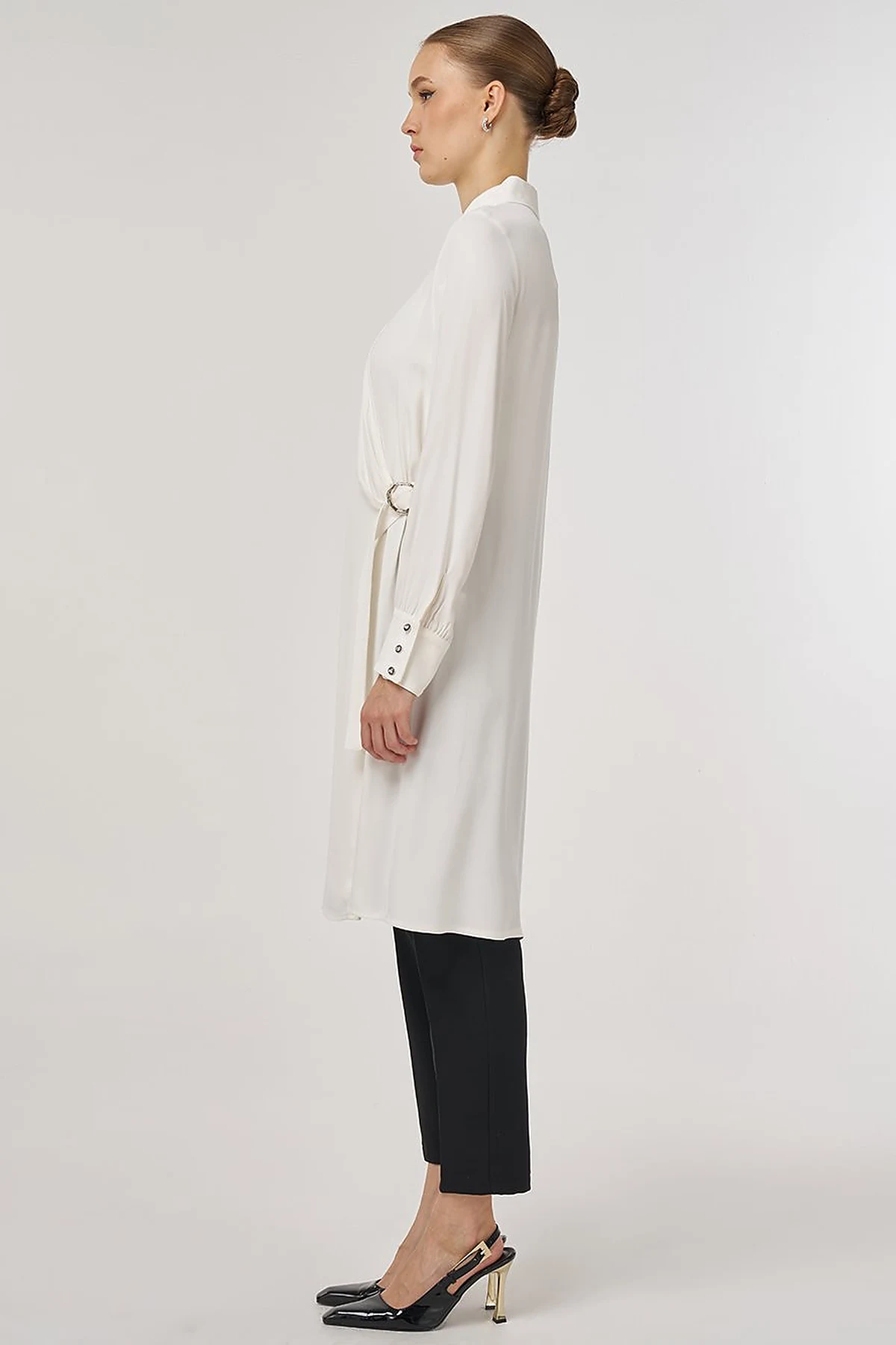 Metal-Buckle Long Tunic Ecru