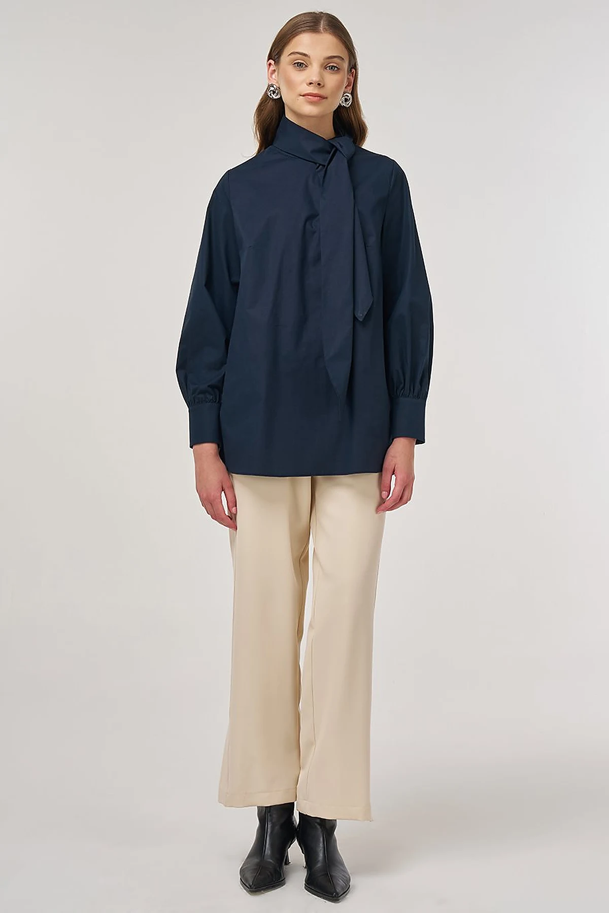 Collar-Detail Cotton Tunic Dark Navy 