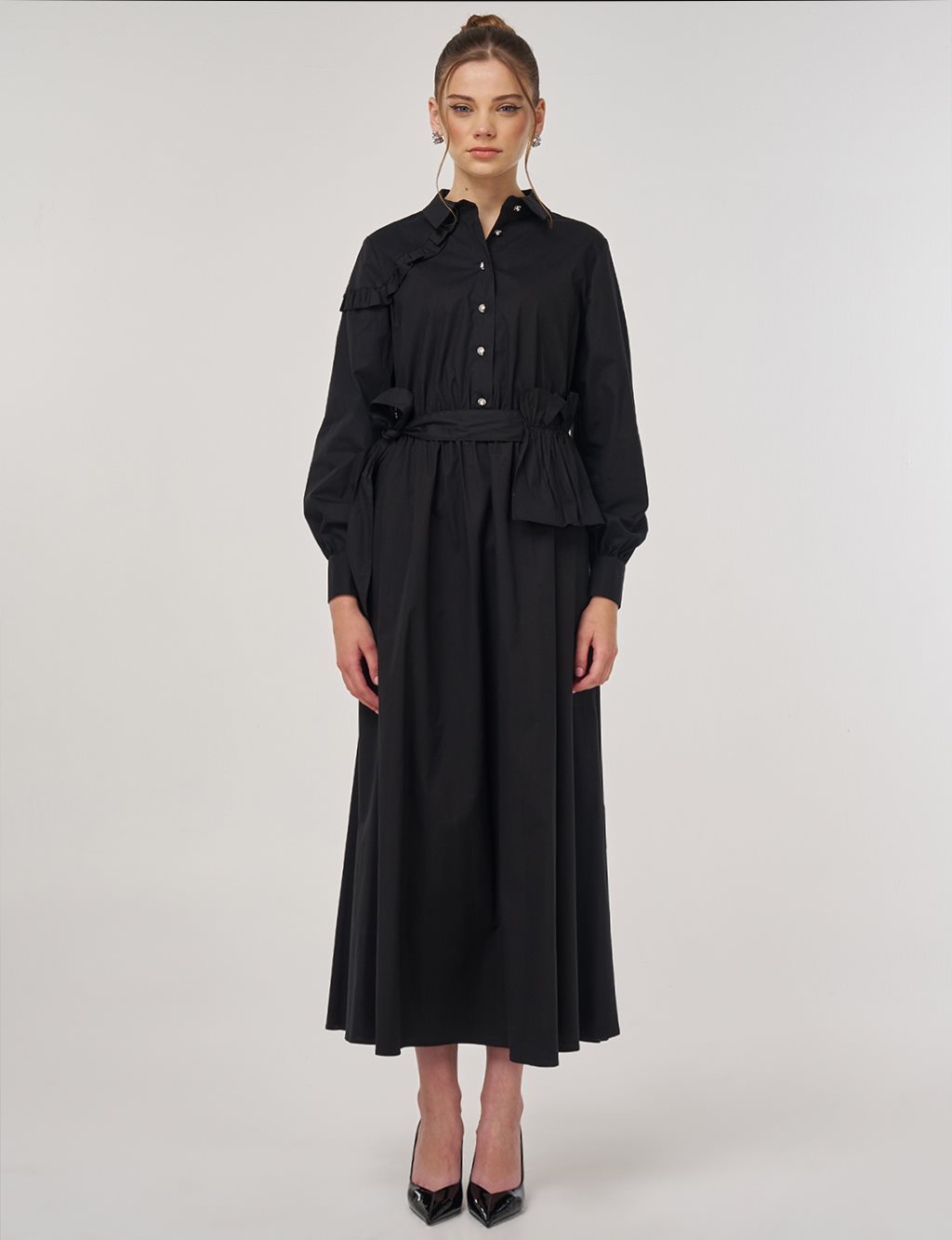 Ruffle-Detail Cotton Dress Black