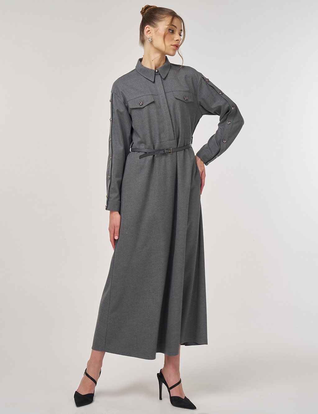 Viscose Dress with Flap Pockets in Gray