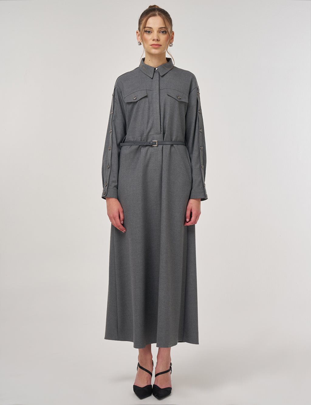 Viscose Dress with Flap Pockets in Gray