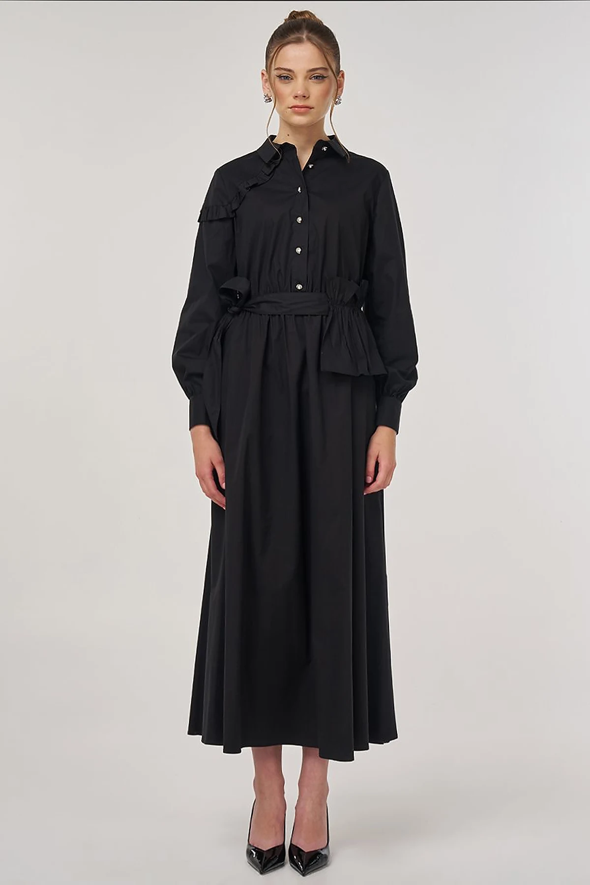 Ruffle-Detail Cotton Dress Black