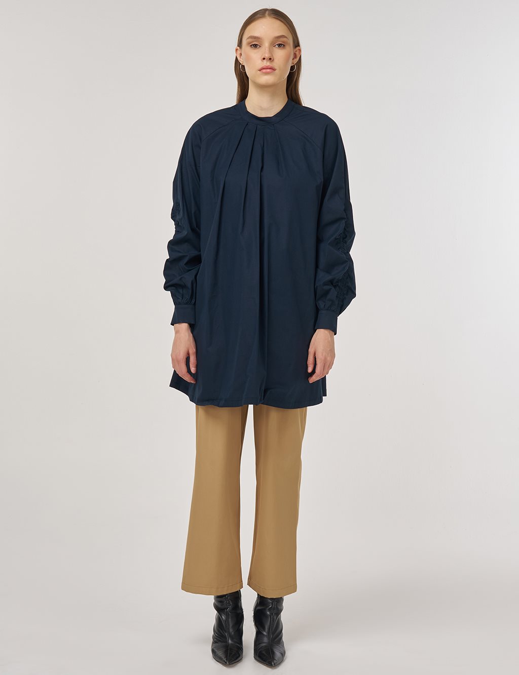 Pleat-Detail Cotton Tunic Dark Navy 