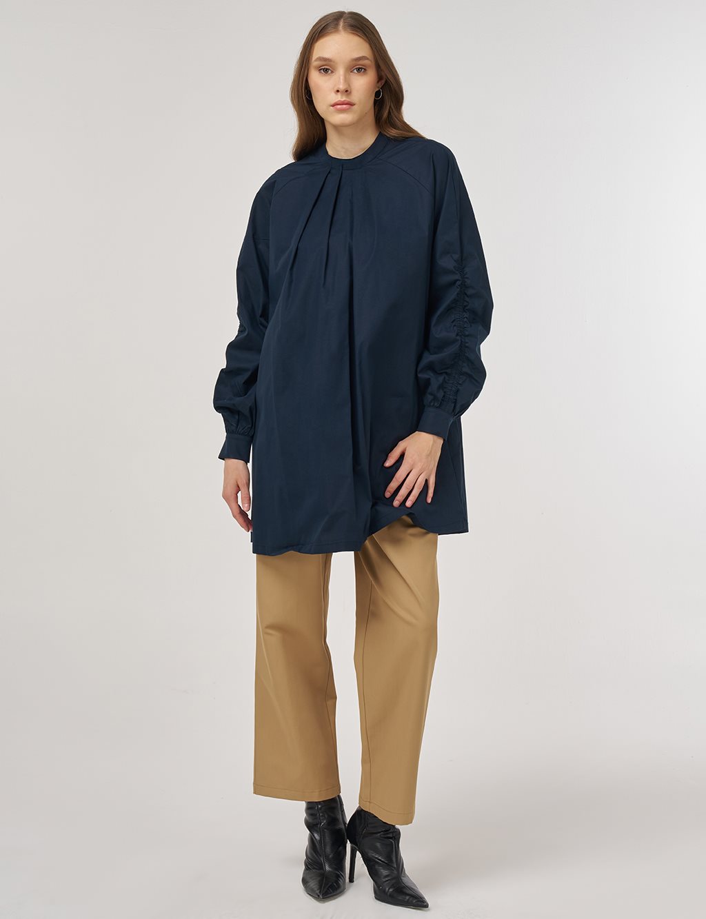 Pleat-Detail Cotton Tunic Dark Navy 