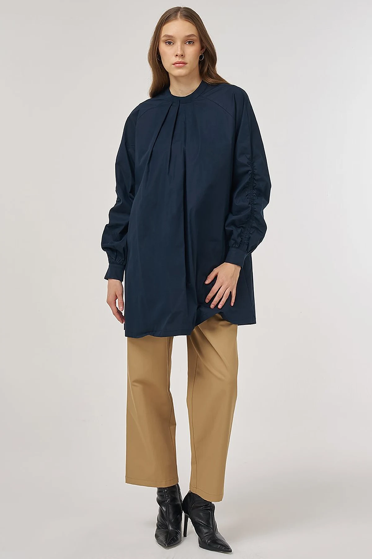 Pleat-Detail Cotton Tunic Dark Navy 