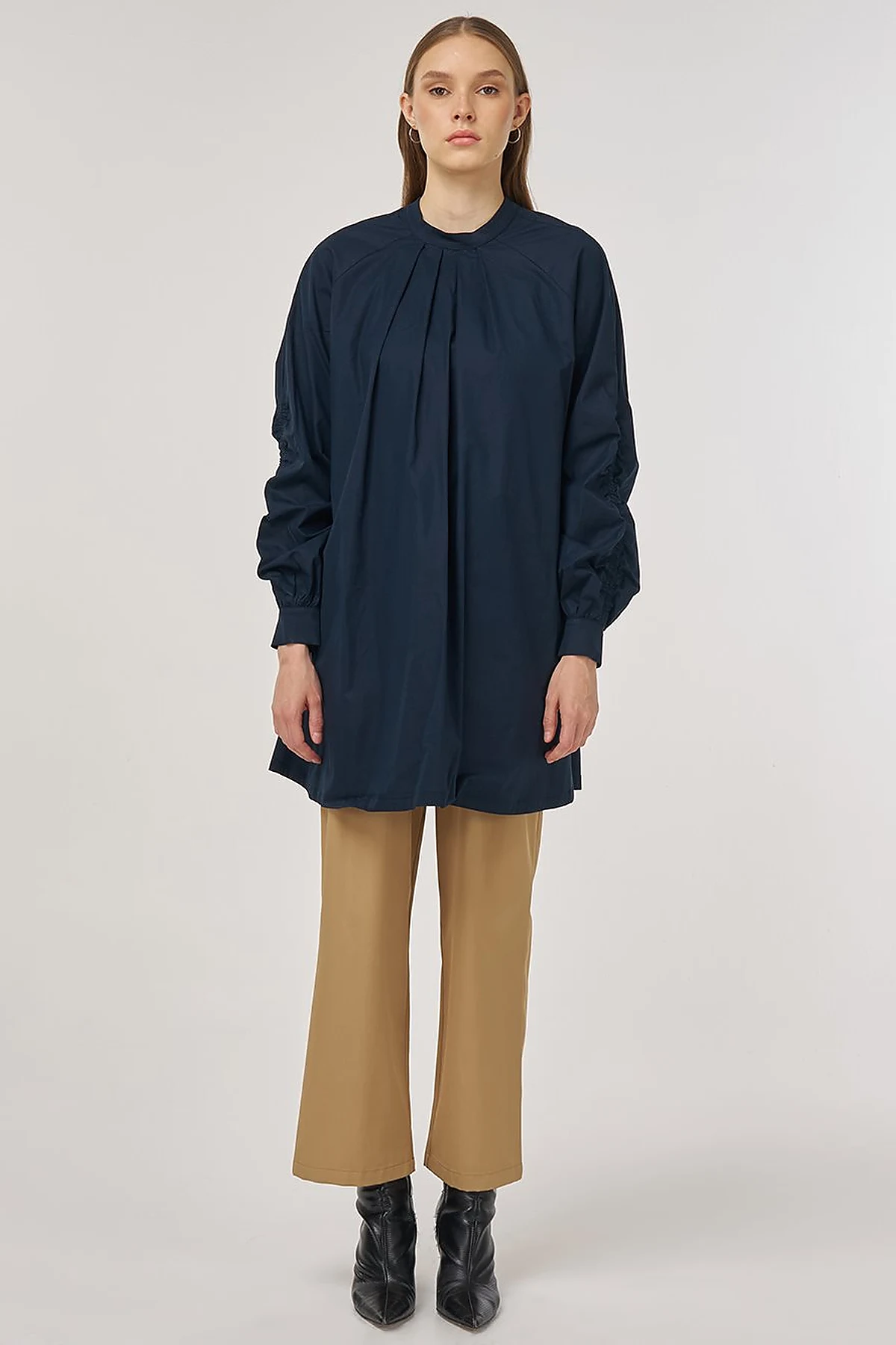 Pleat-Detail Cotton Tunic Dark Navy 
