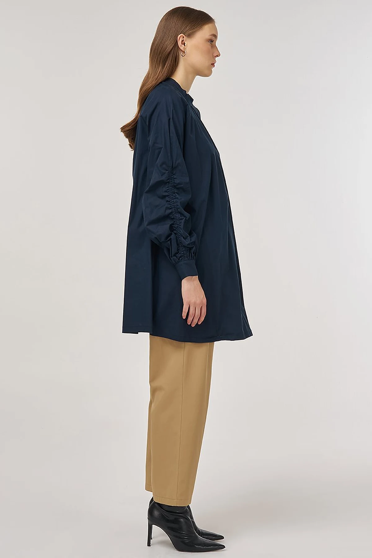 Pleat-Detail Cotton Tunic Dark Navy 