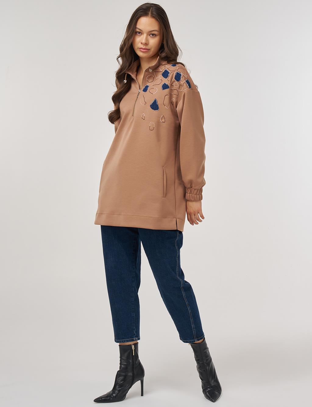 Embroidered Scuba Tunic in Beige