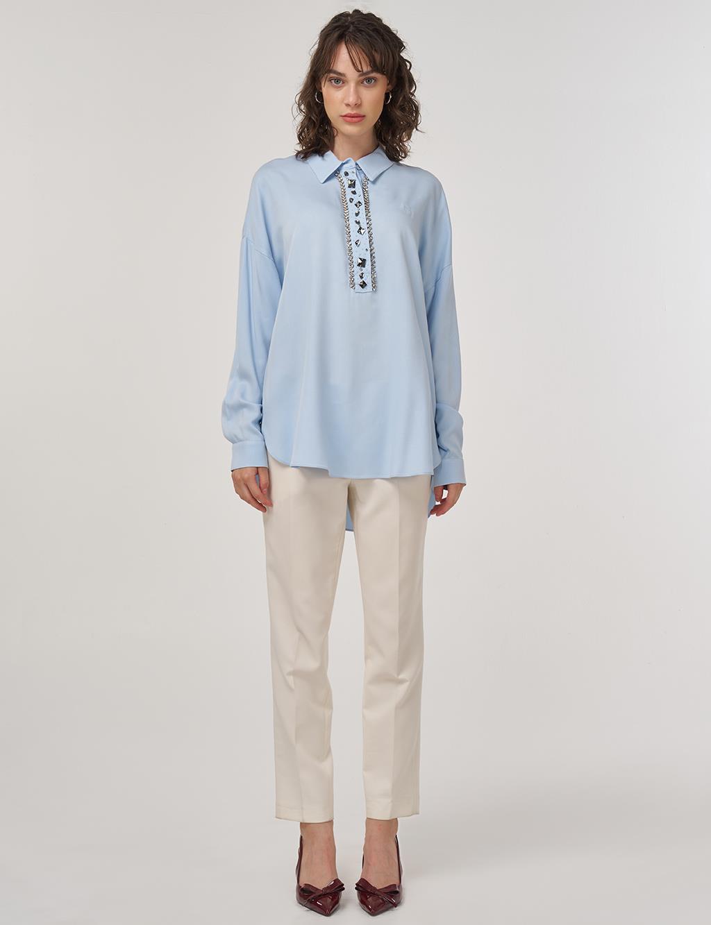 Stone-Embellished Elegant Blouse Ice Blue