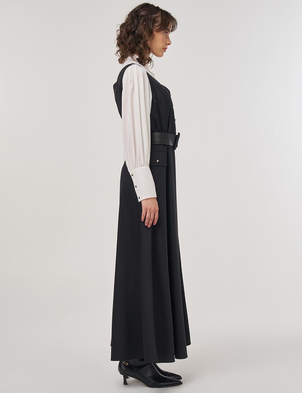 Button Detailed Belted Maxi Dress Black