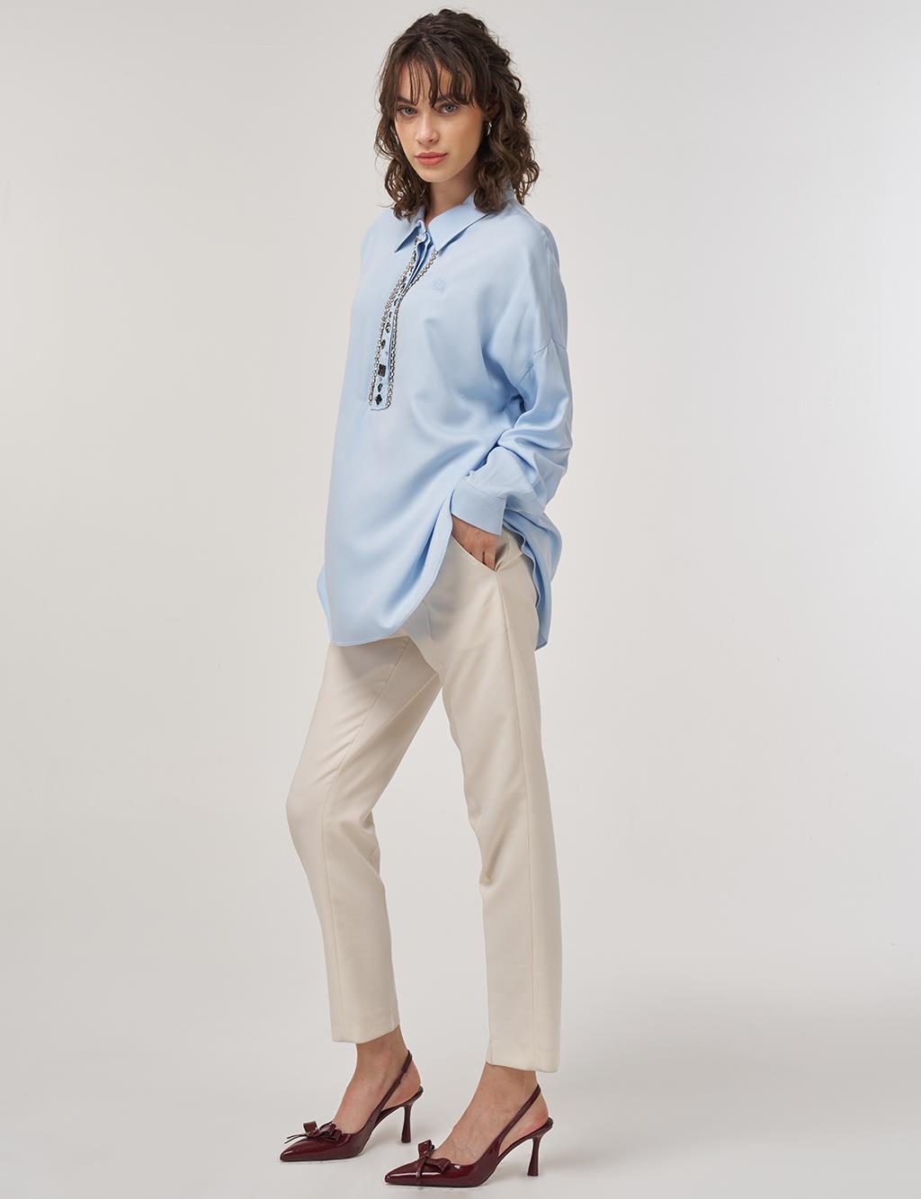 Stone-Embellished Elegant Blouse Ice Blue