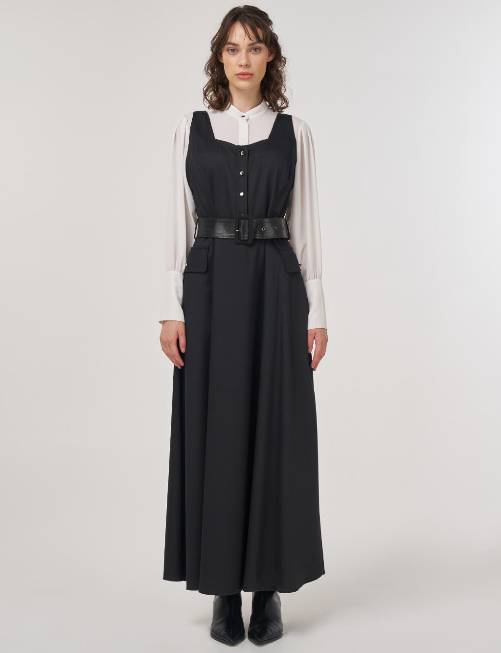 Button Detailed Belted Maxi Dress Black