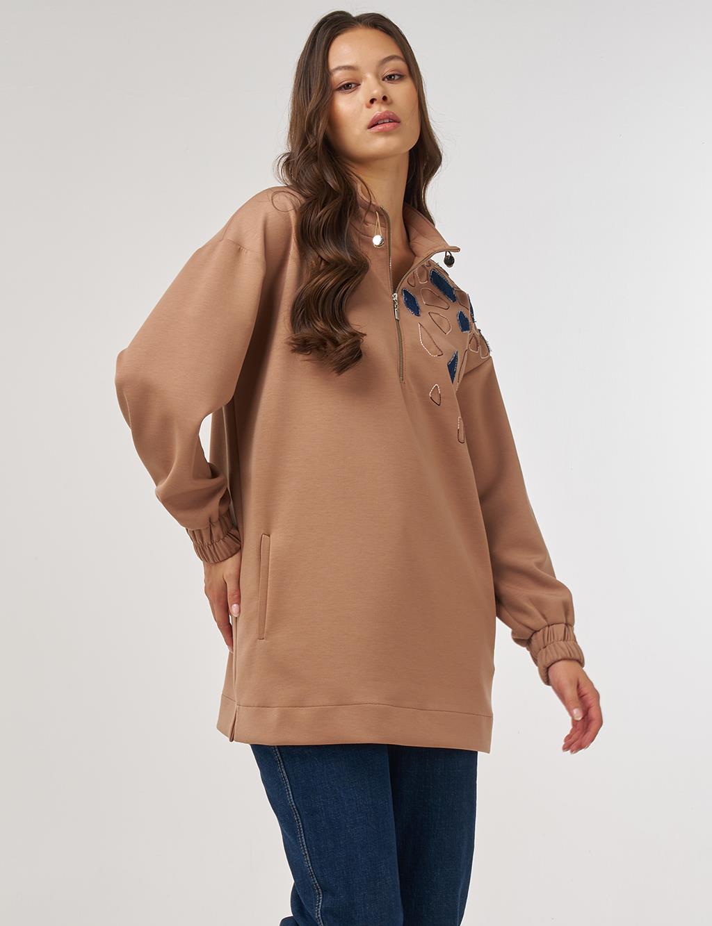 Embroidered Scuba Tunic in Beige