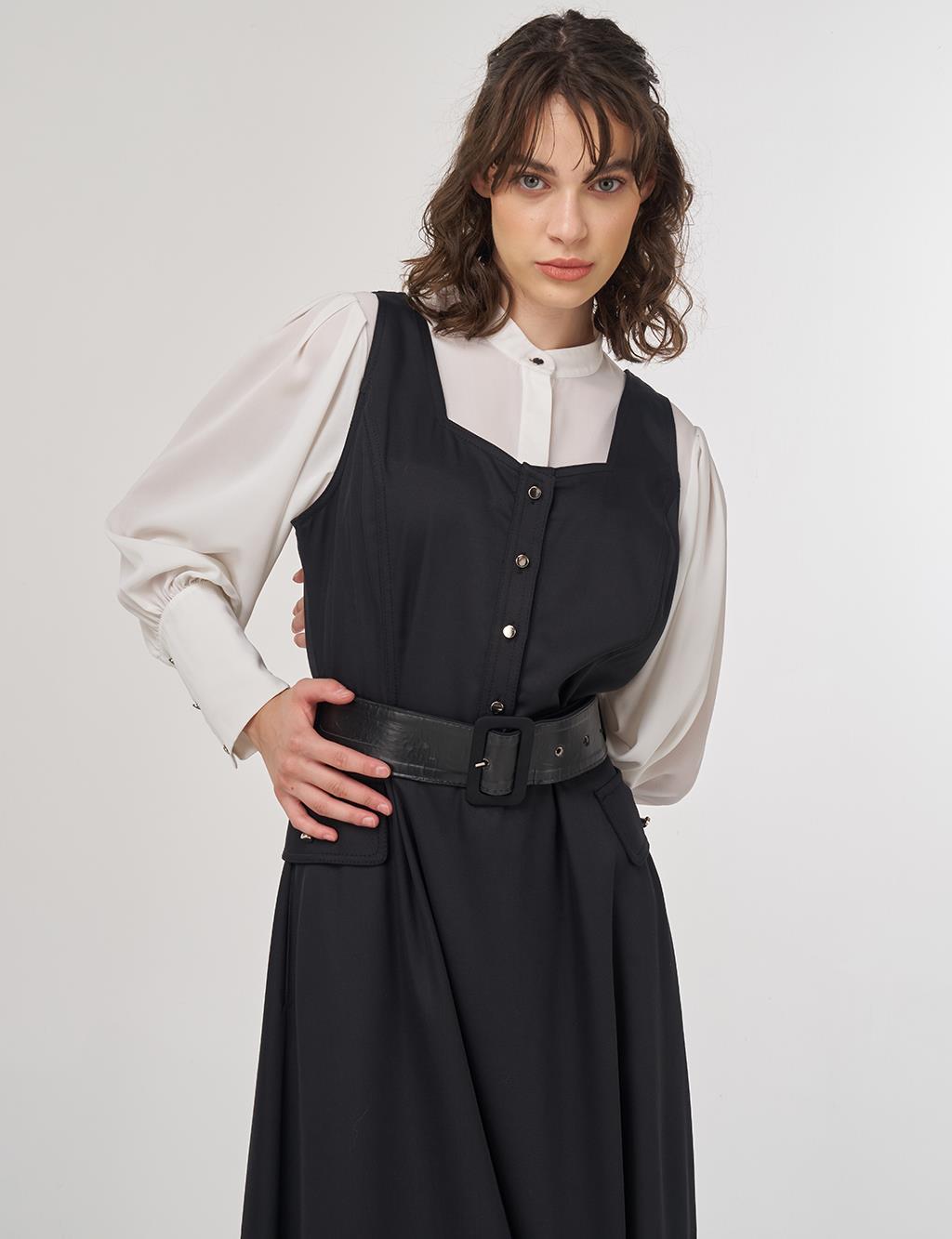 Button Detailed Belted Maxi Dress Black