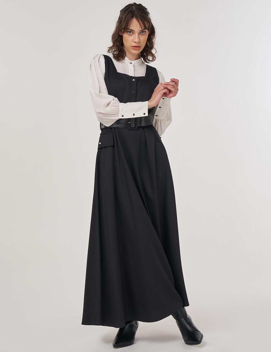 Button Detailed Belted Maxi Dress Black