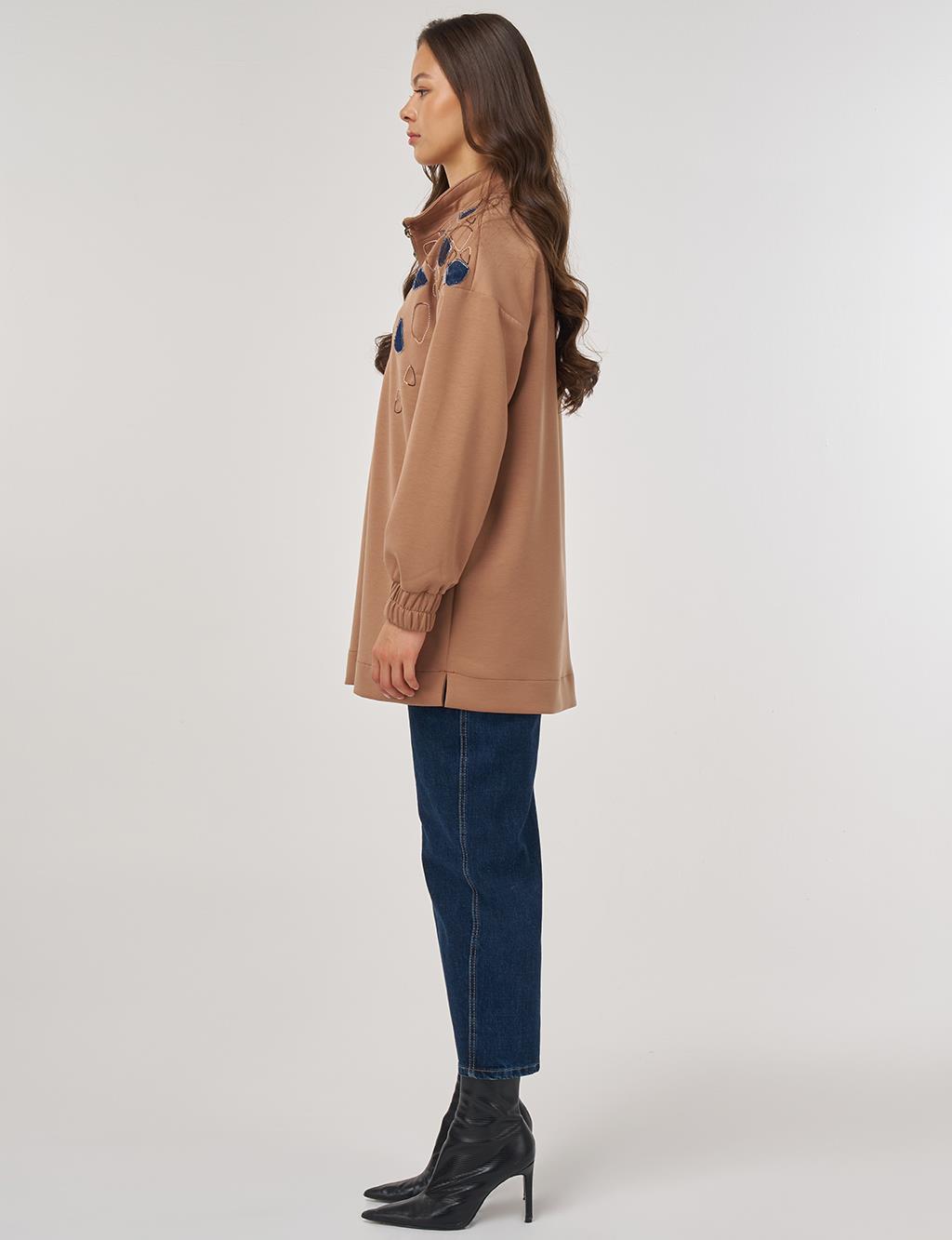 Embroidered Scuba Tunic in Beige