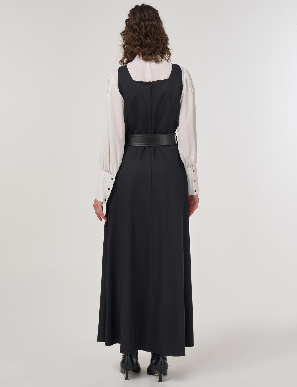 Button Detailed Belted Maxi Dress Black