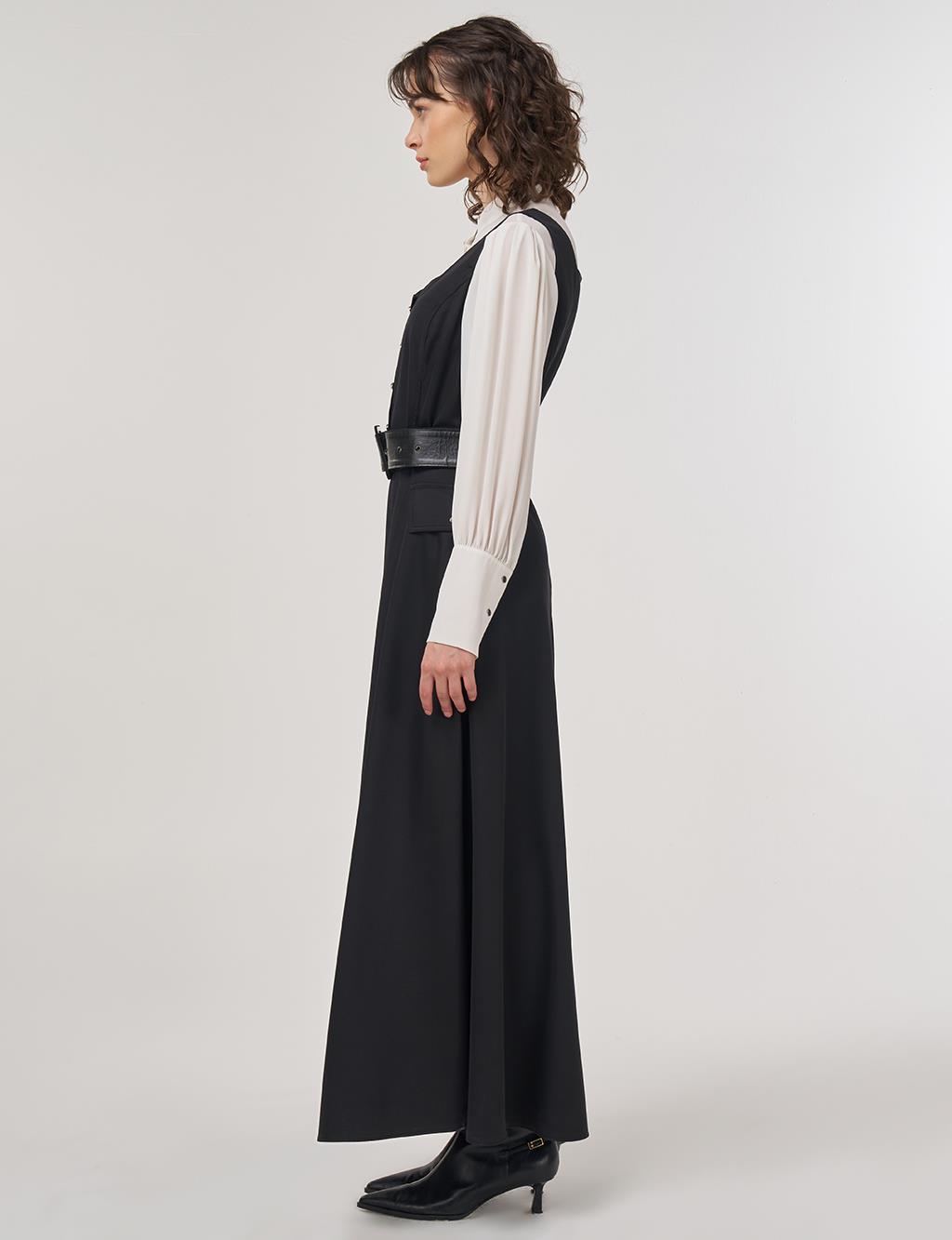 Button Detailed Belted Maxi Dress Black
