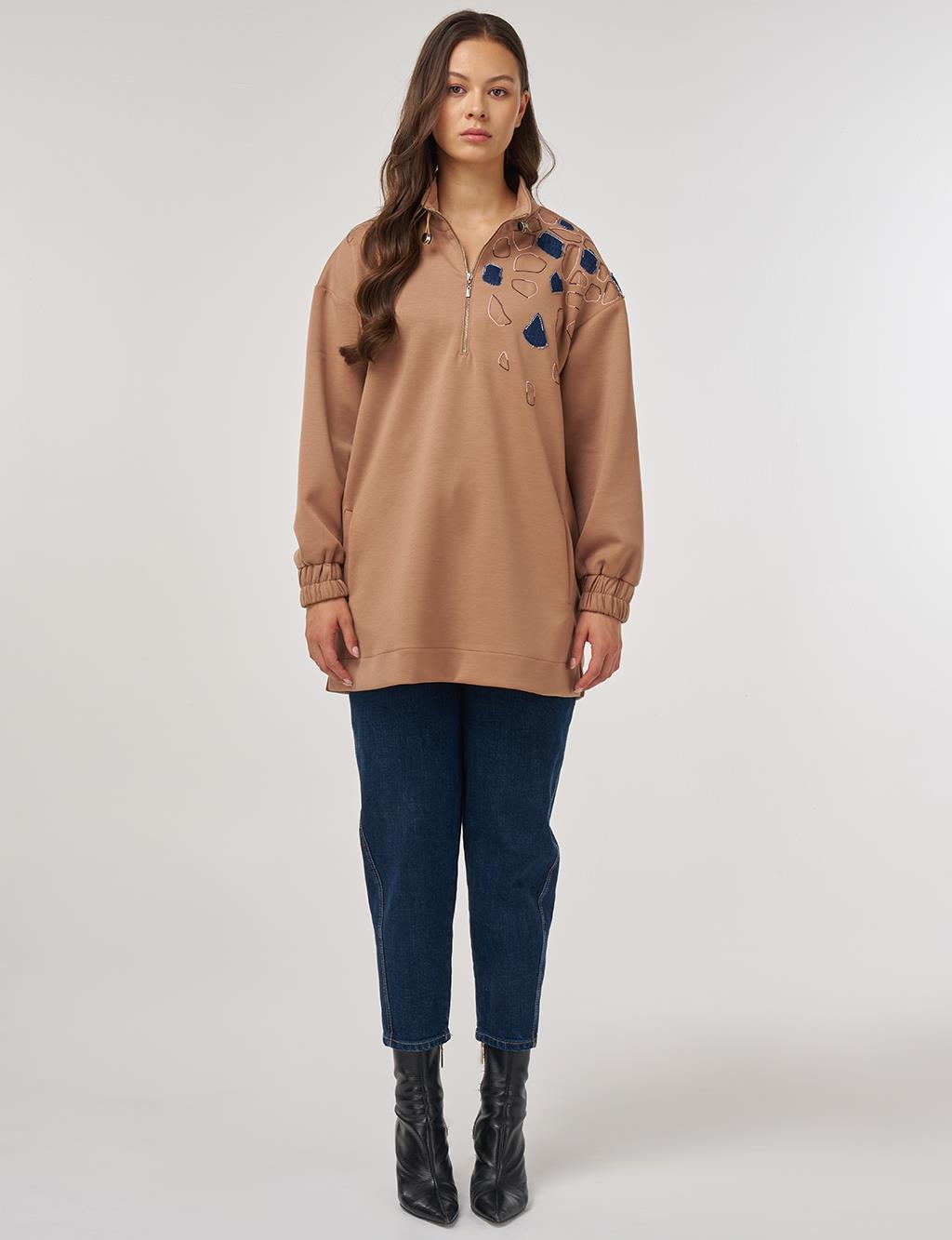 Embroidered Scuba Tunic in Beige