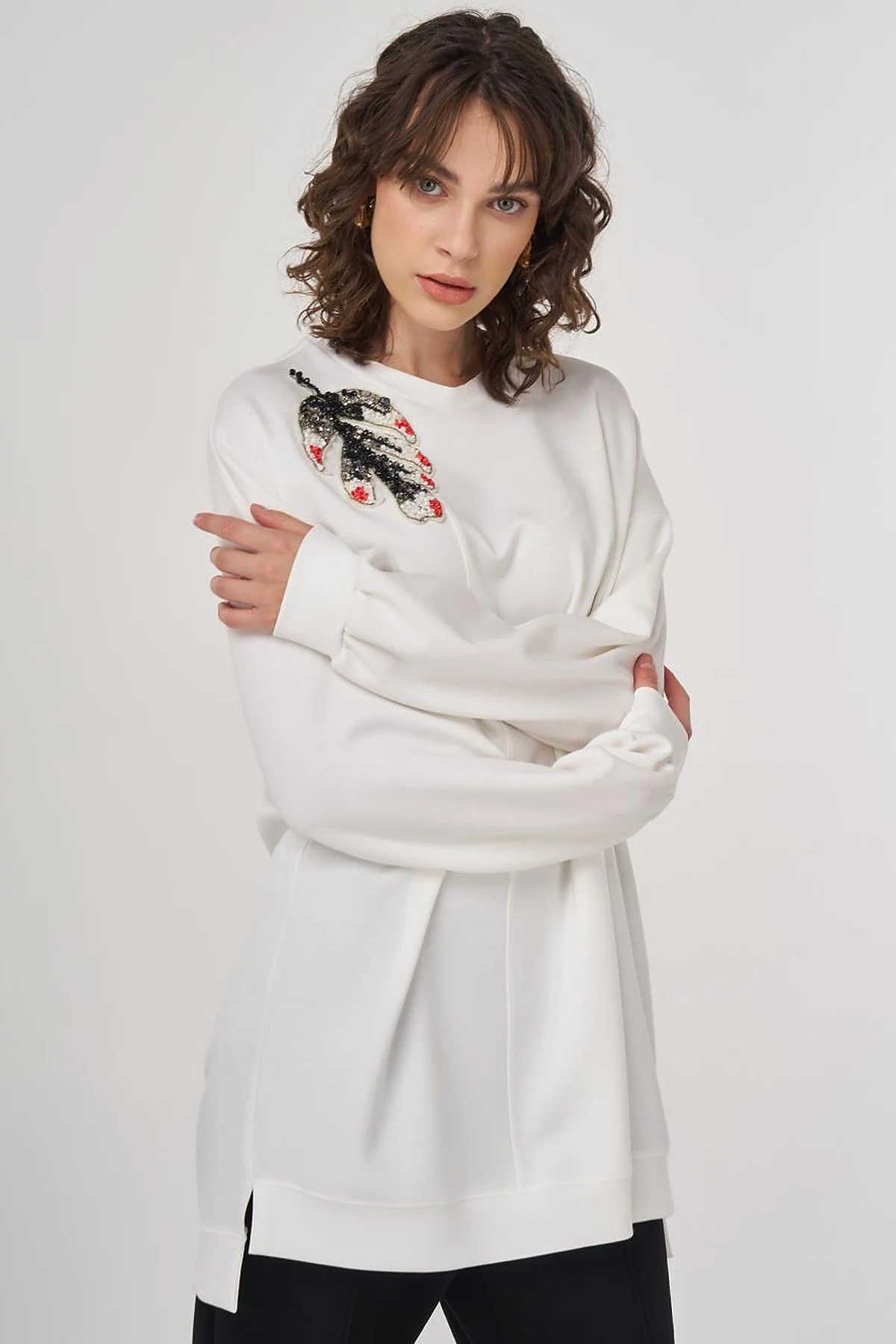 Embroidered Scuba Sweatshirt in Ecru