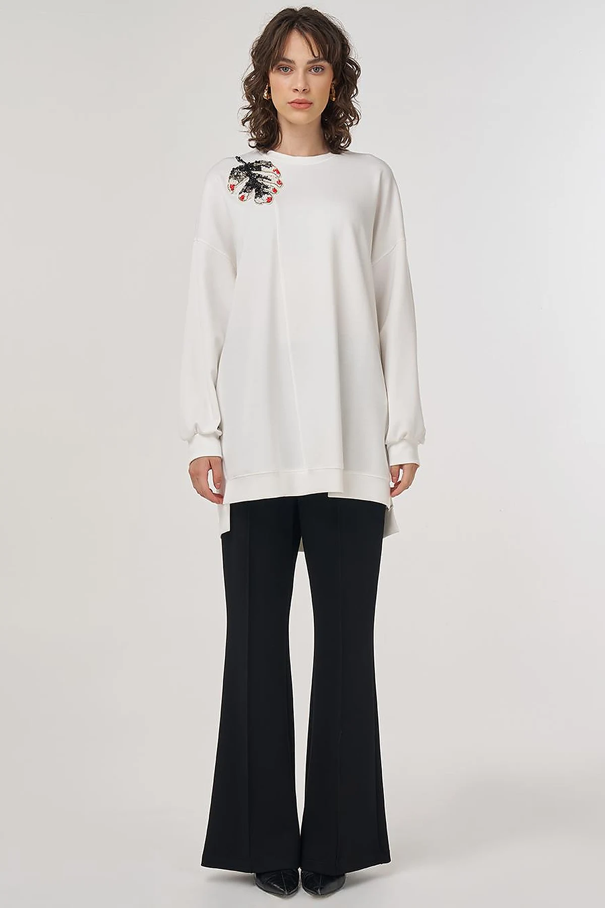 Embroidered Scuba Sweatshirt in Ecru