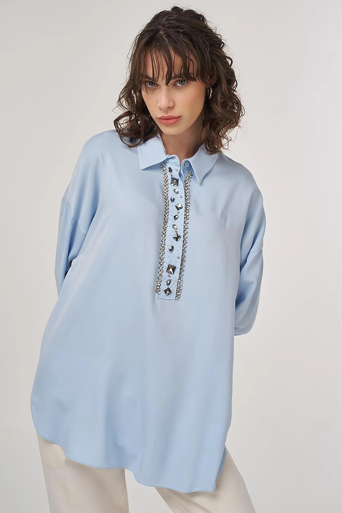 Stone-Embellished Elegant Blouse Ice Blue