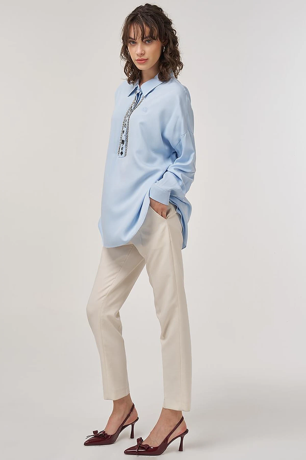 Stone-Embellished Elegant Blouse Ice Blue