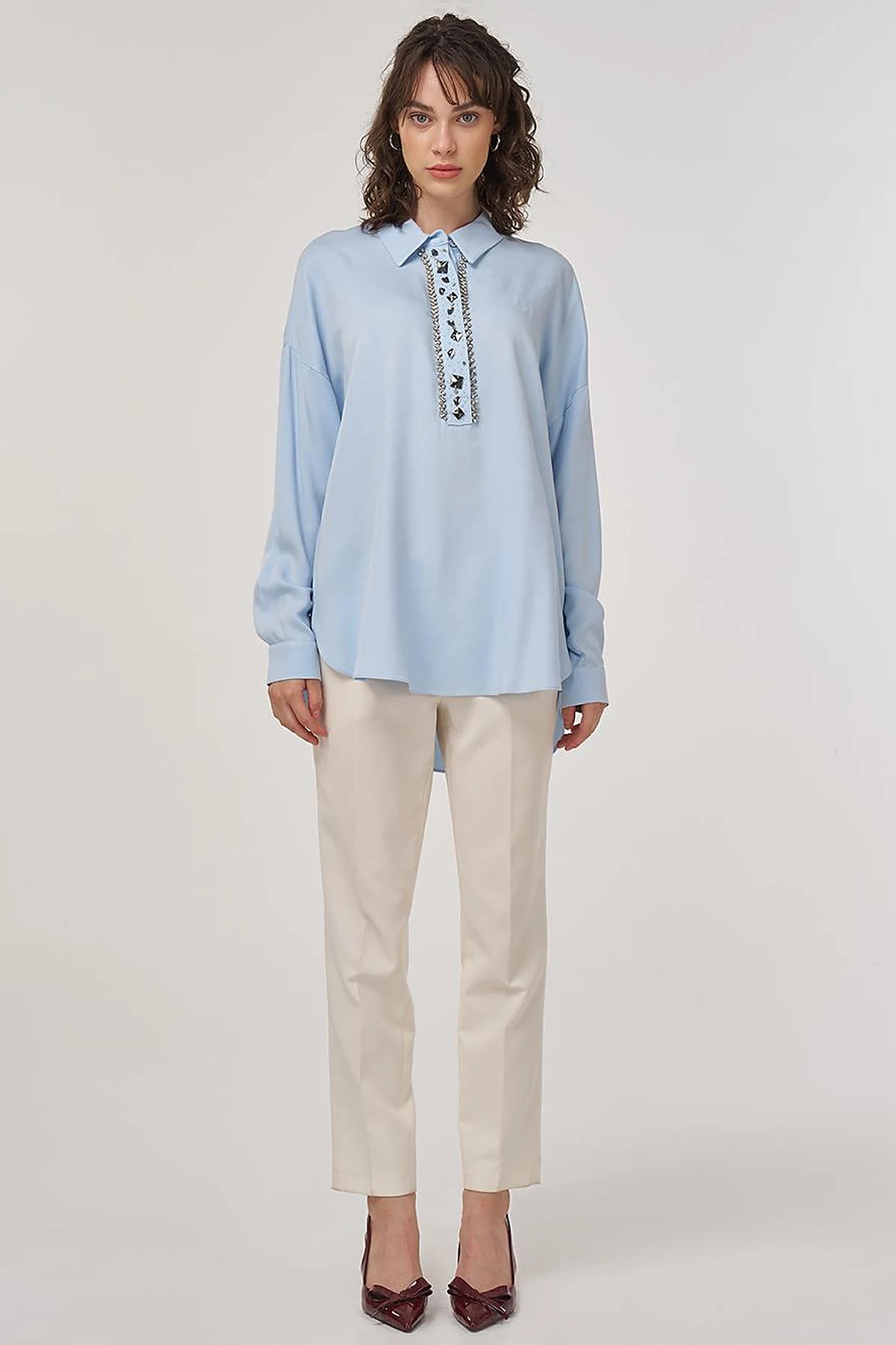 Stone-Embellished Elegant Blouse Ice Blue