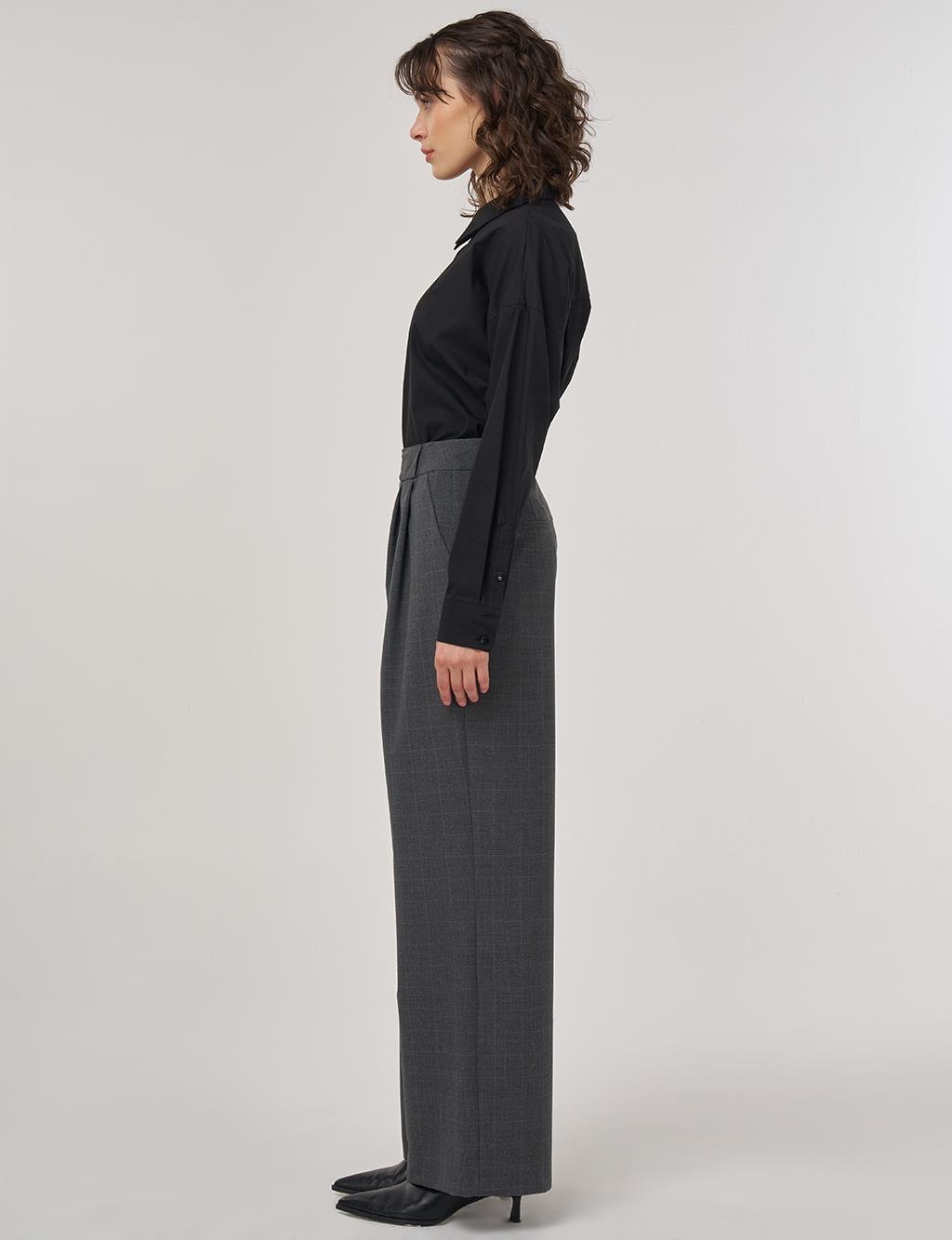 Plaid Pleated Belt Detailed High Waist Palazzo Pants Anthracite