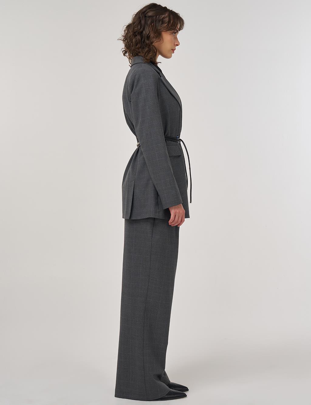 Plaid Double-Breasted Belted Jacket in Anthracite