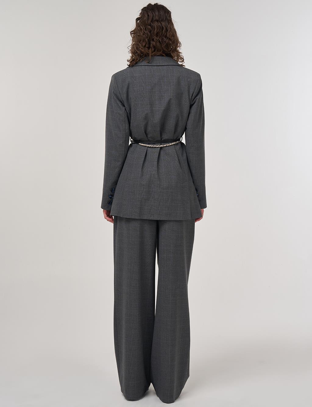 Plaid Double-Breasted Belted Jacket in Anthracite