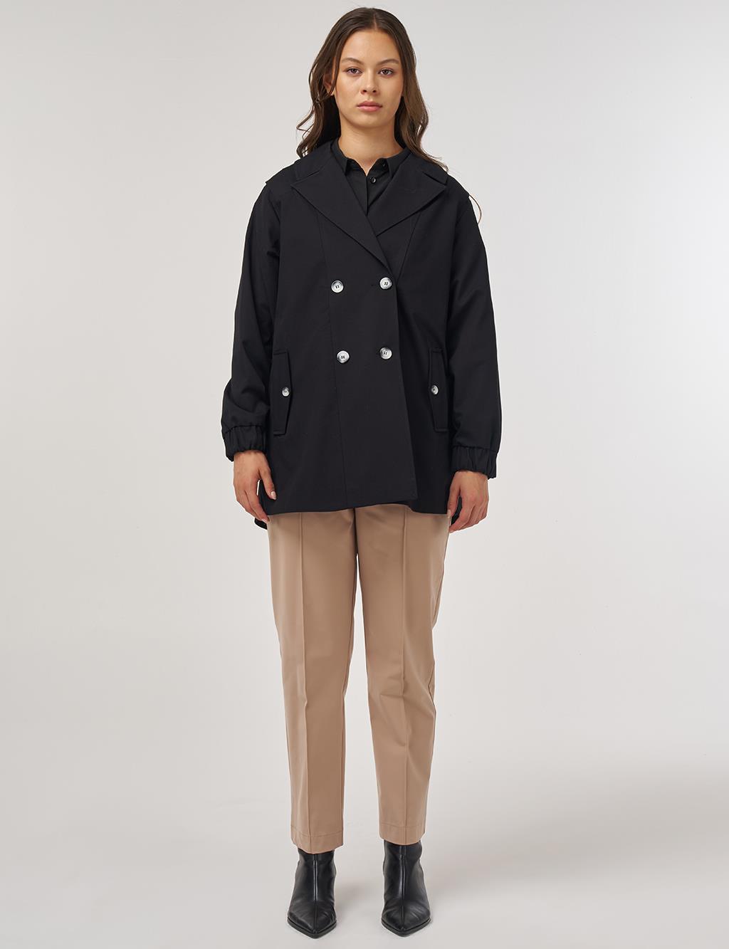 Elastic Cuff Shoulder Detailed Double-Breasted Jacket Black