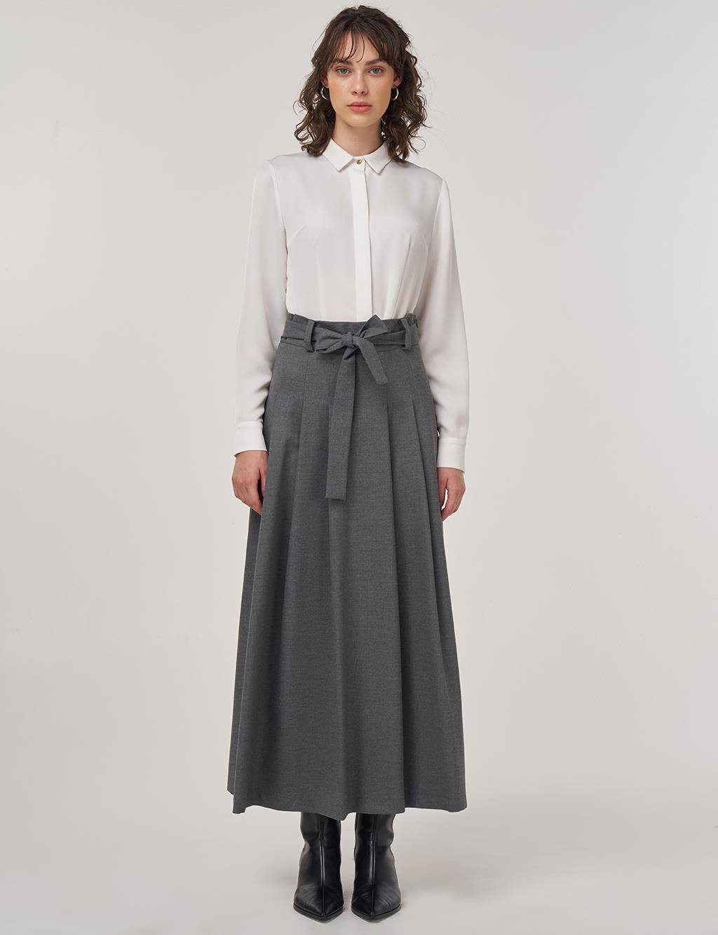 Thick Pleated Belted Maxi Skirt Anthracite