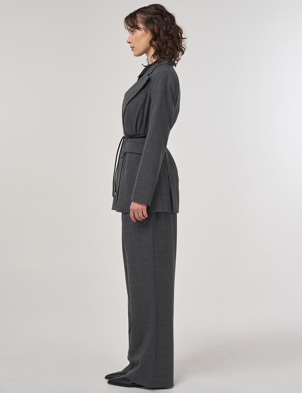 Plaid Double-Breasted Belted Jacket in Anthracite