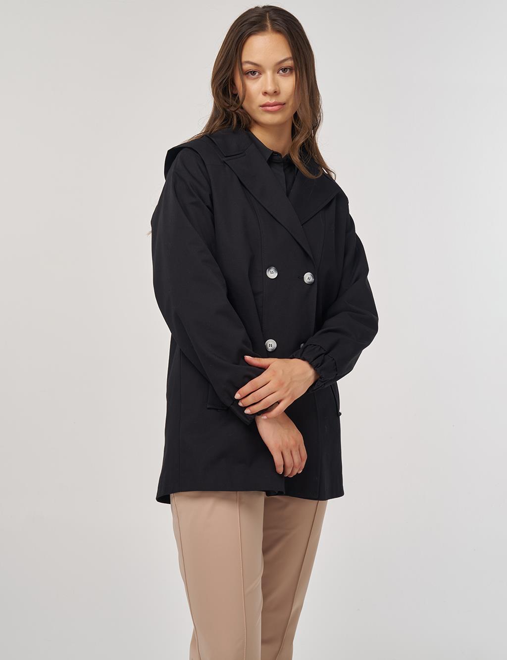 Elastic Cuff Shoulder Detailed Double-Breasted Jacket Black