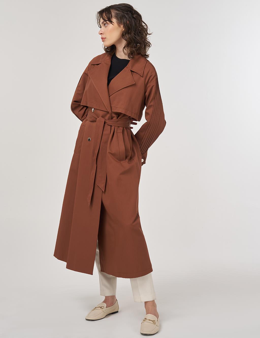 Epaulette Detailed Long Trench Coat in Brown