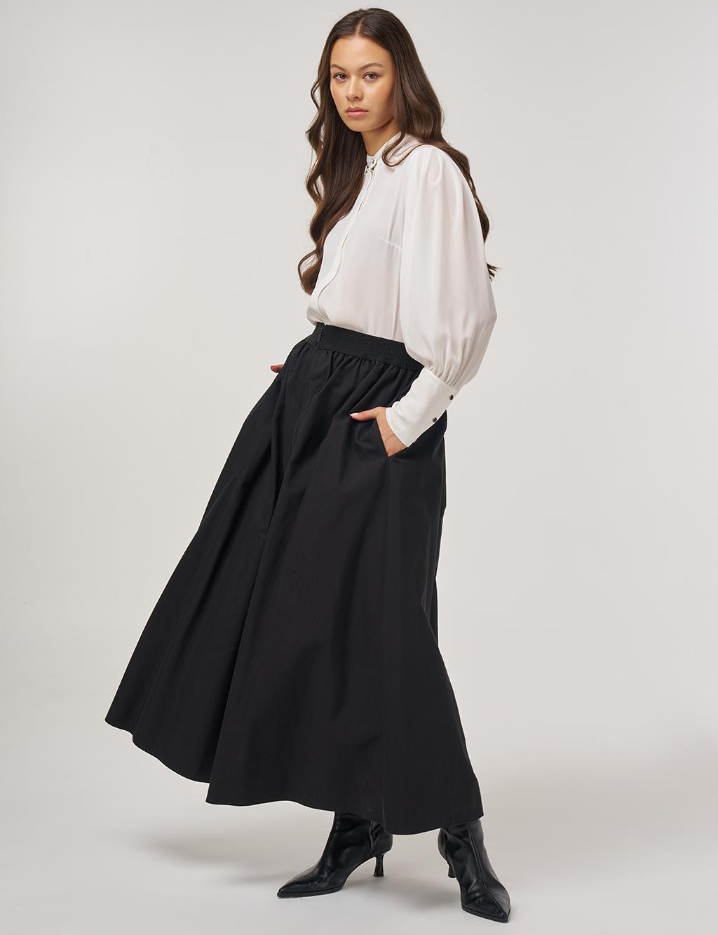 Elastic Waist Zipper Closure Skirt Black