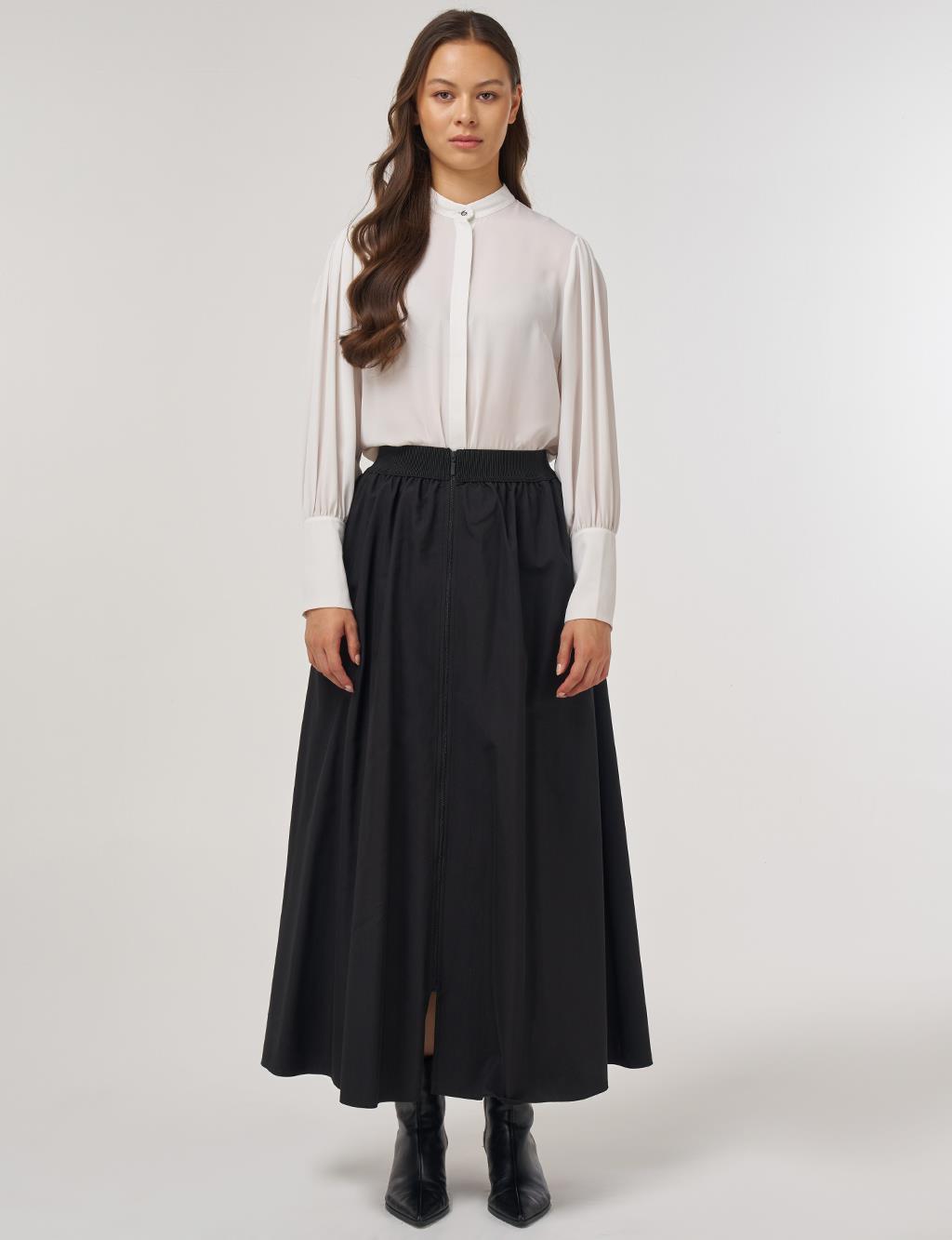 Elastic Waist Zipper Closure Skirt Black