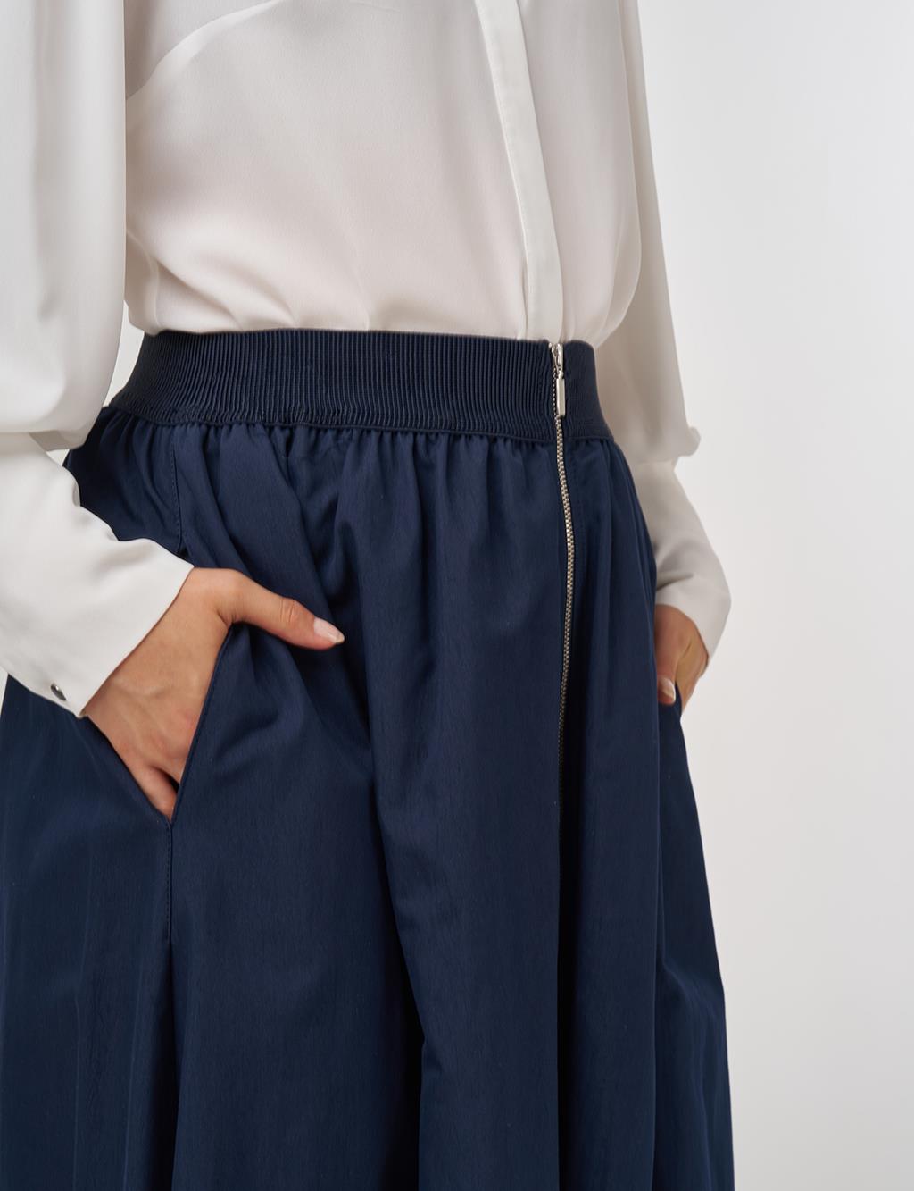 Elastic Waist Zipper Closure Skirt Dark Navy