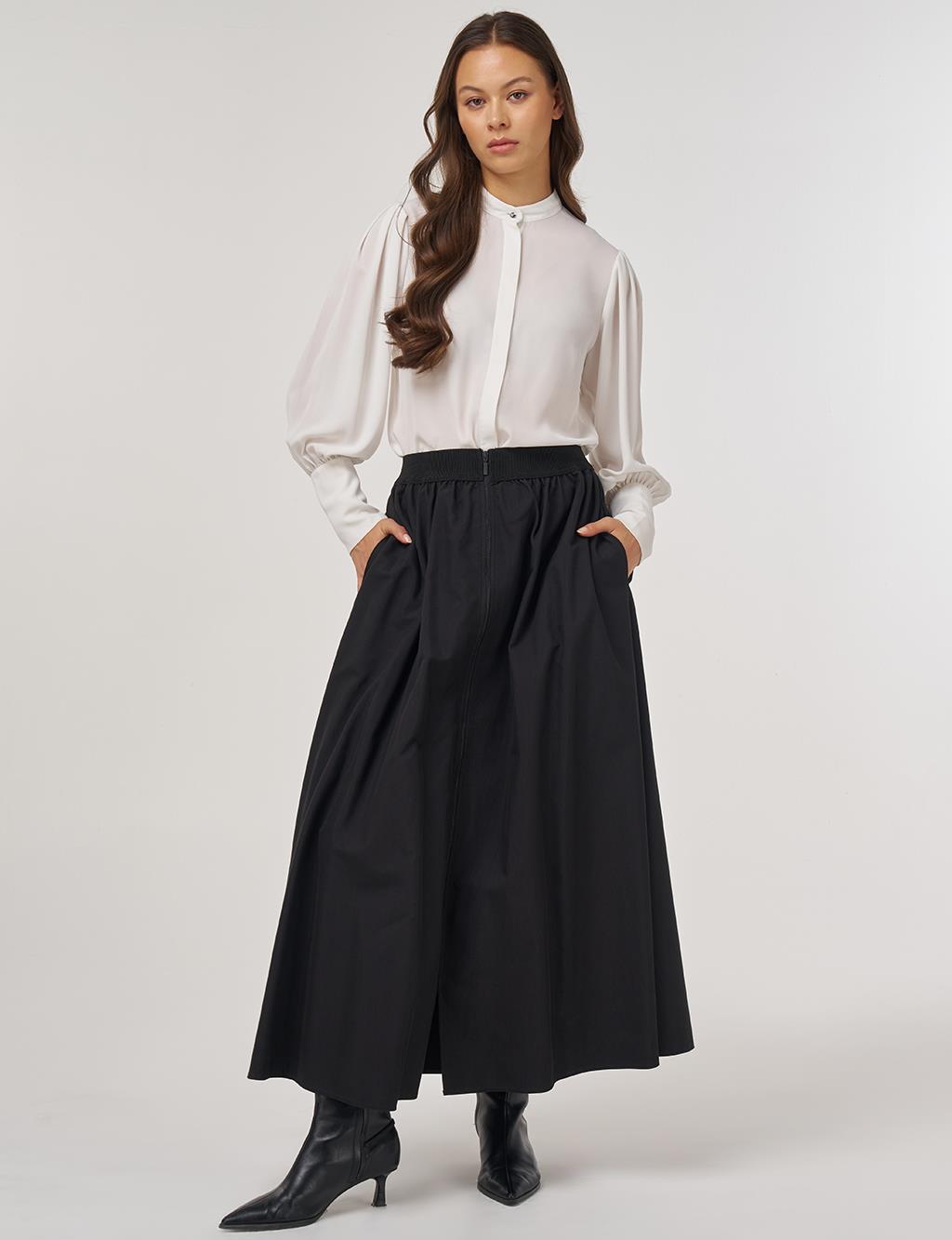 Elastic Waist Zipper Closure Skirt Black