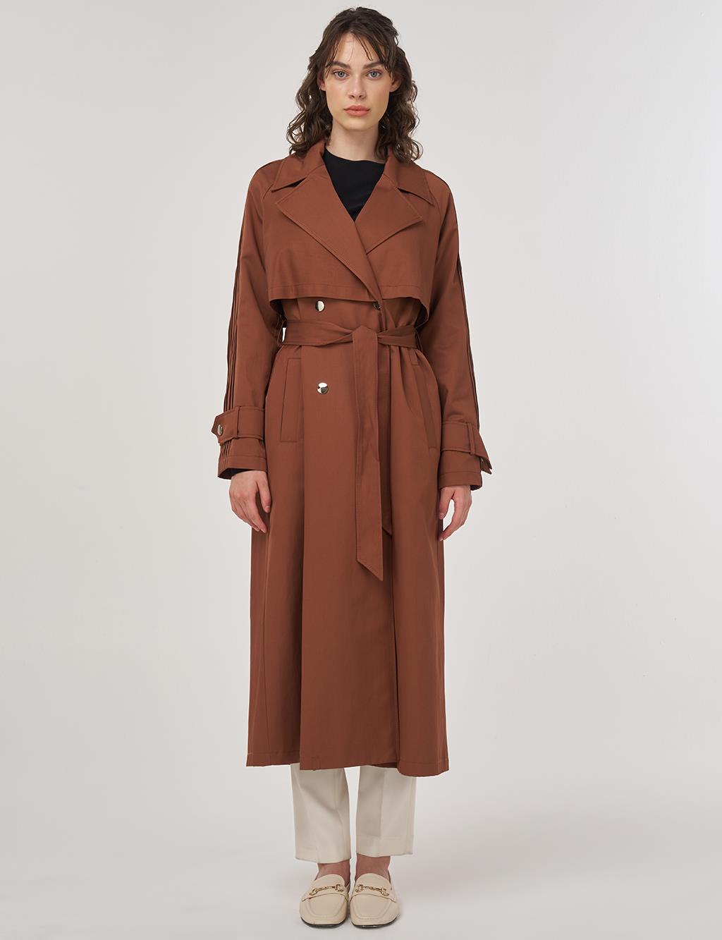 Epaulette Detailed Long Trench Coat in Brown